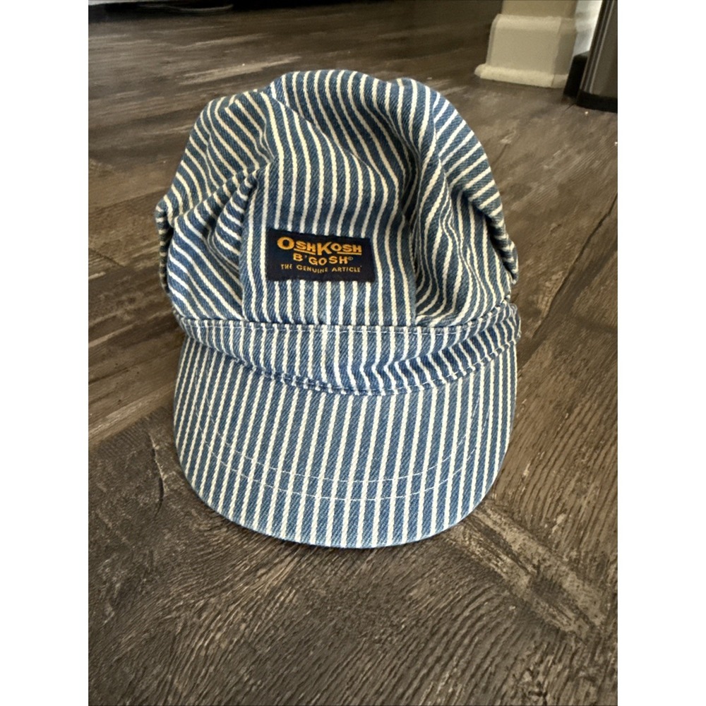 OshKosh B'gosh Vintage Railroad Engineer Hat Blue Denim Stripe 12-24M 6220003